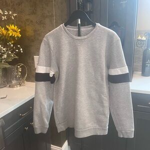 NEXT Gray Crewneck Sweater with Black and White Stripes- Tag says L BUT its S